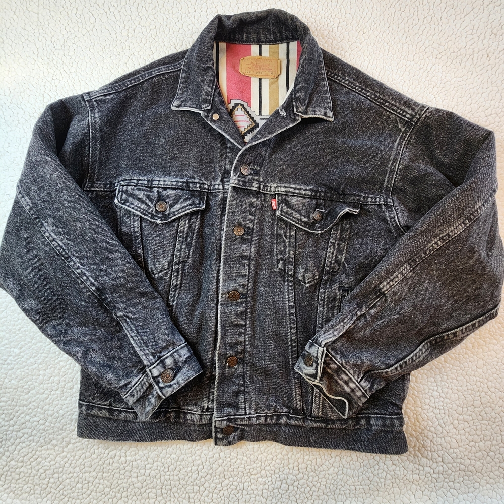 Vntg Levis Jacket Black Stone Wash Aztec Lining Mens Medium 70417-6953 USA Rare